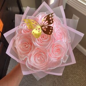 Handmade Eternal Rose Bouquet – Pink Ribbon Roses, Pearl Mesh, Gift Ready